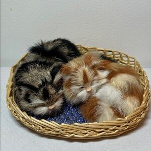 Mini sleeping cats in basket. fur and blue bedding. Decor. Realistic!